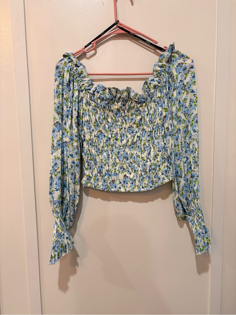 Forever 21 Light Blue Floral Smocked Off-Shoulder Blouse